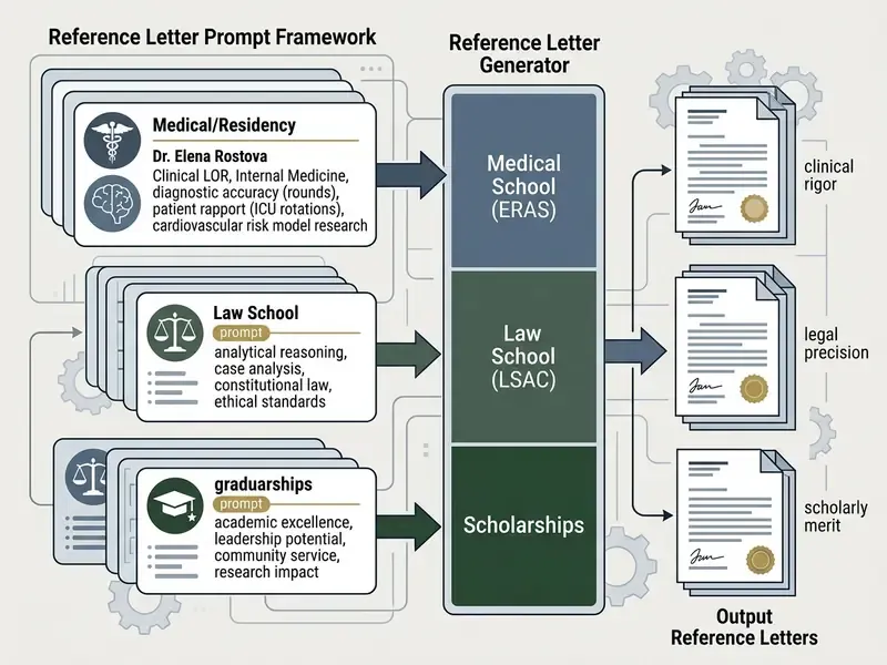 Diagram showing professional prompt inputs being processed into tailored recommendation letters