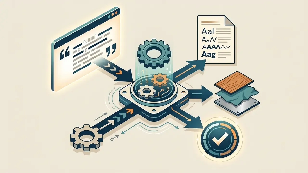 Central gear mechanism processing text input into diverse outputs like typography, textures, and status icons