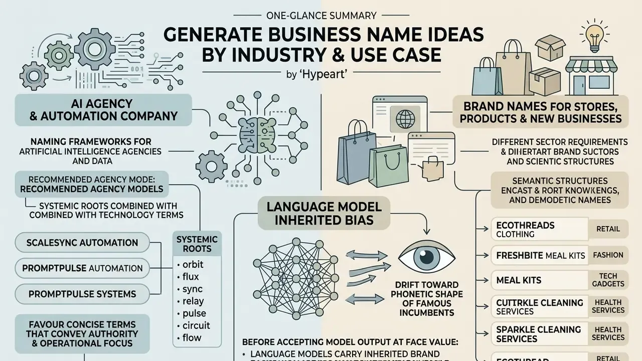 Infographic comparing naming strategies for AI agencies and retail brands while noting language model bias