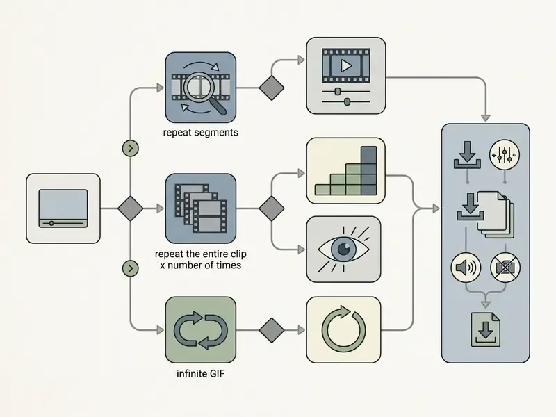 Flowchart comparing methods to loop video online by repeating segments, full clips, or creating infinite GIFs