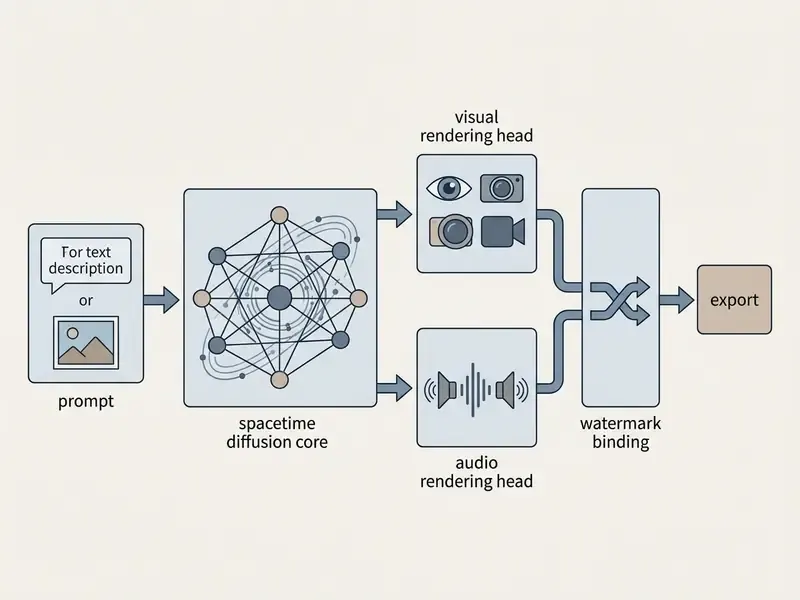 System architecture for AI video generation mapping prompt inputs through a diffusion core to final export