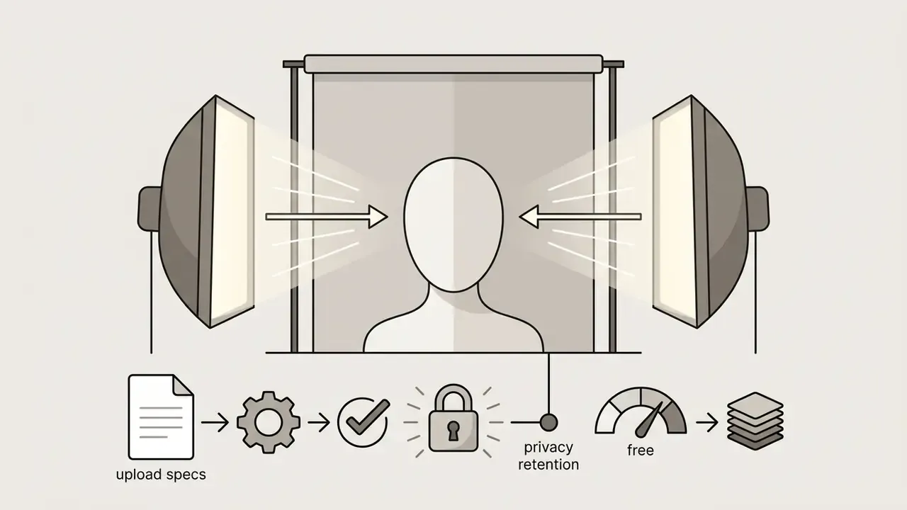 Studio lighting setup for a portrait with icons representing the processing steps for an AI headshot