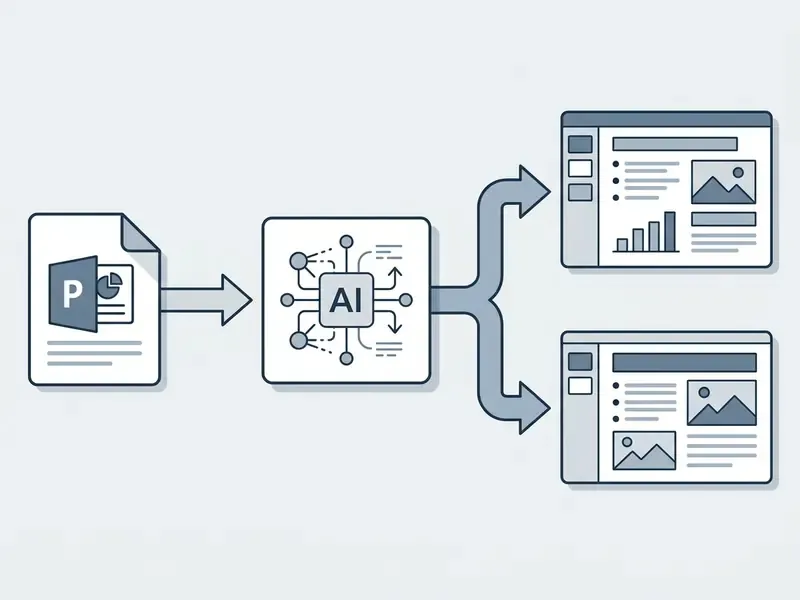 PowerPoint document being processed by an AI engine into multiple formatted slide layouts