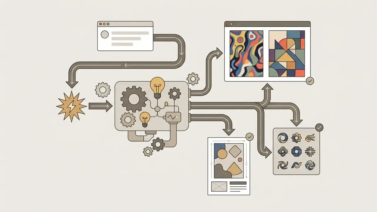 Input prompt feeding into a gear-driven processor that generates abstract art, posters, and logo designs