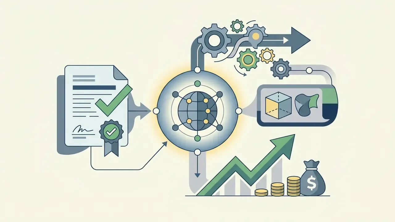 Certified document feeding into a globe hub connected to 3D modeling icons and a rising financial growth chart