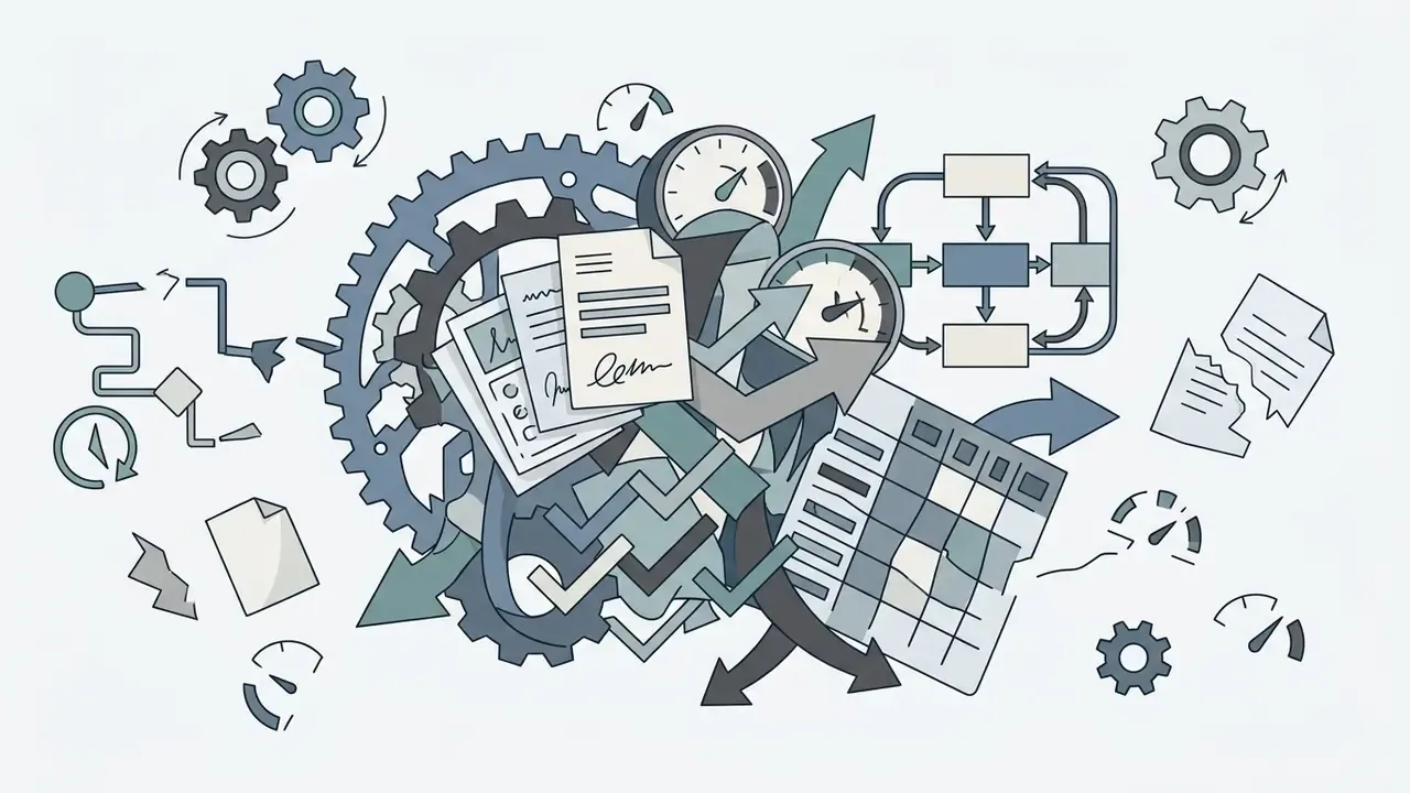 Gears and documents interacting with a grid and flow paths to represent a randomized processing system