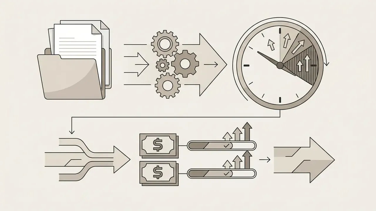 Document folder and gears feeding into a clock leading to currency symbols and progress bars