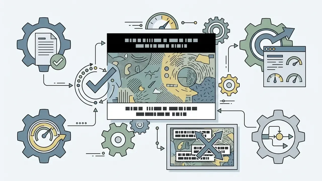 Gears and arrows connecting document processing icons to a central frame with text bars and checkmarks