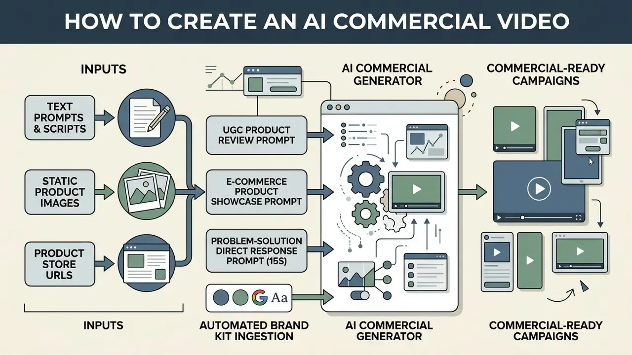 Flowchart showing how diverse inputs are processed by an AI commercial generator into final video ads