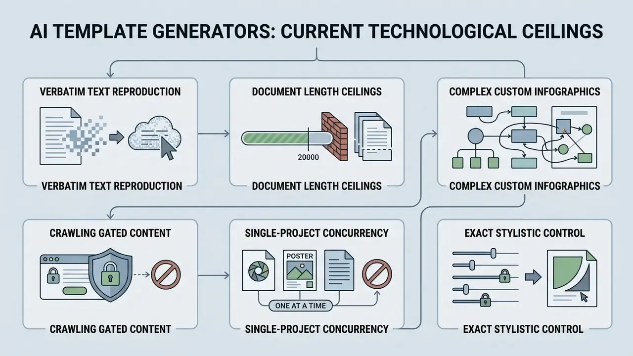 Infographic diagram outlining six key functional limitations of automated document generation models