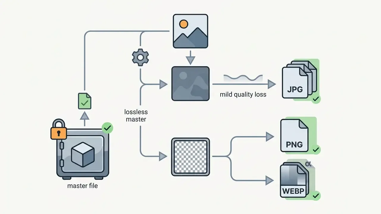 System path showing a master file being routed to generate JPG, PNG, and WEBP output formats