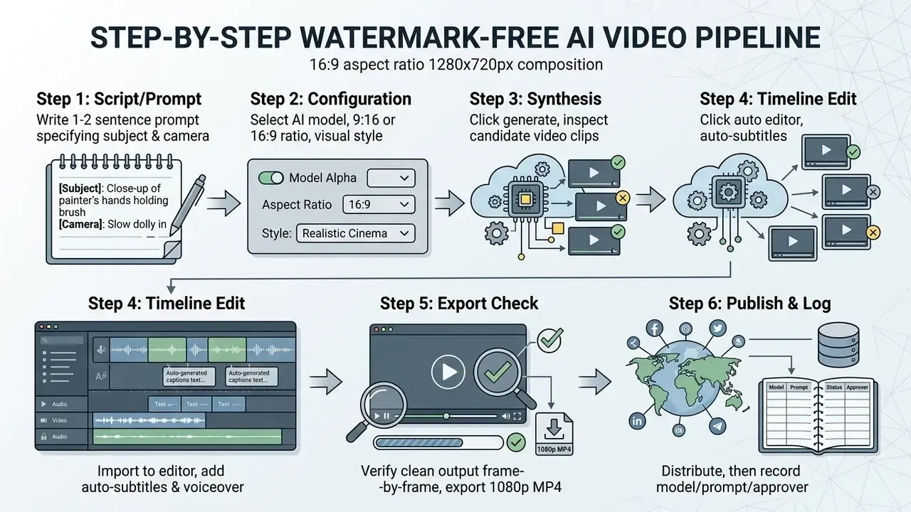 Six sequential steps for creating a watermark-free AI video from script to final export and distribution