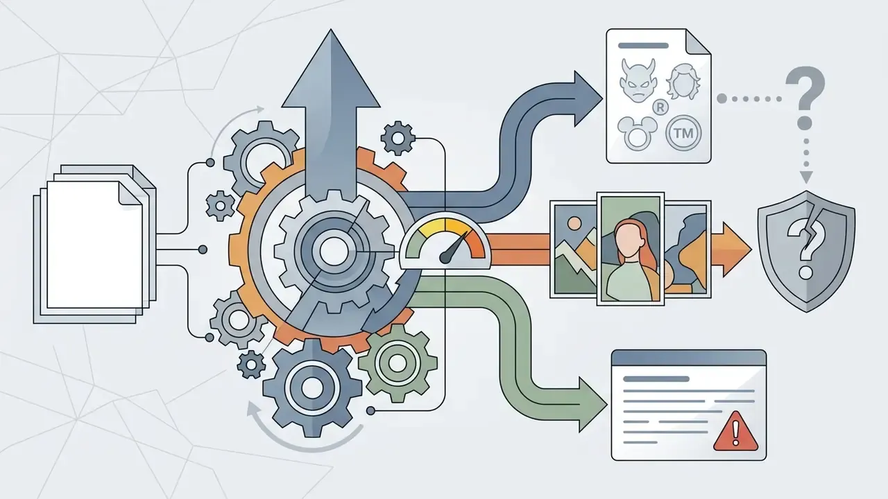 Gear mechanism processing documents into trademarked assets, images, and flagged reports toward a shield