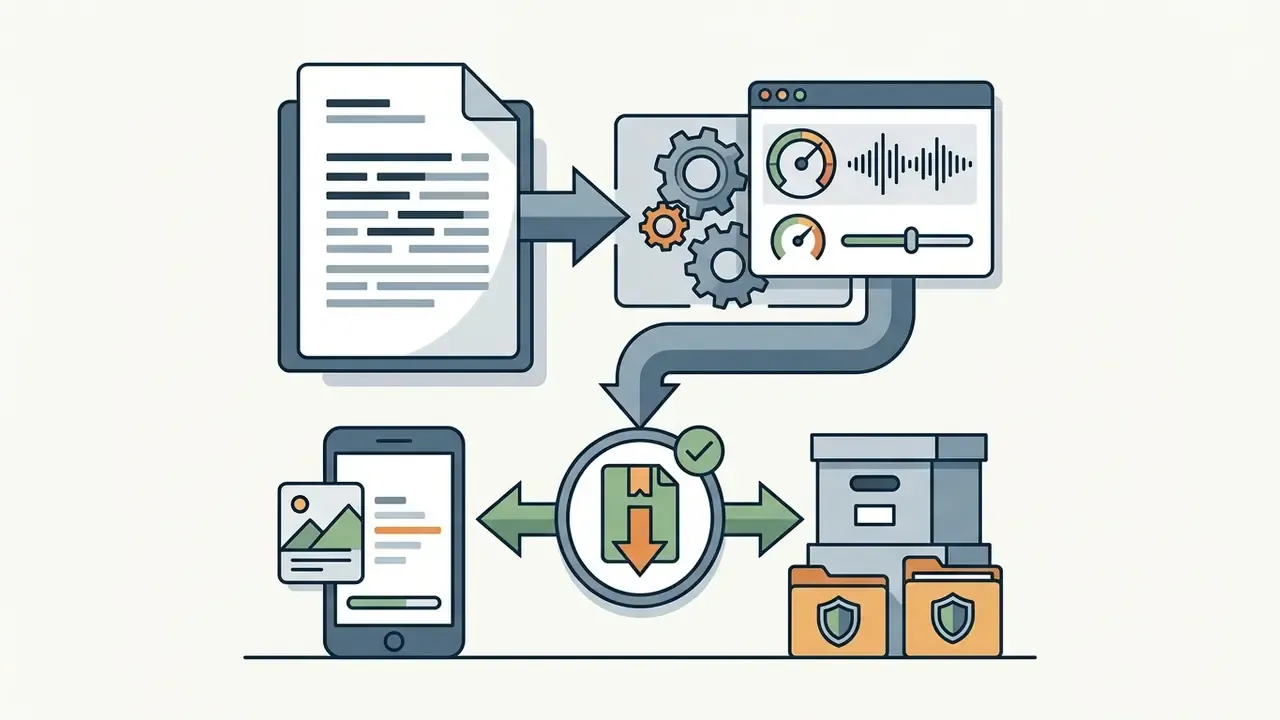 Document processing through audio software leading to file download for mobile or storage devices
