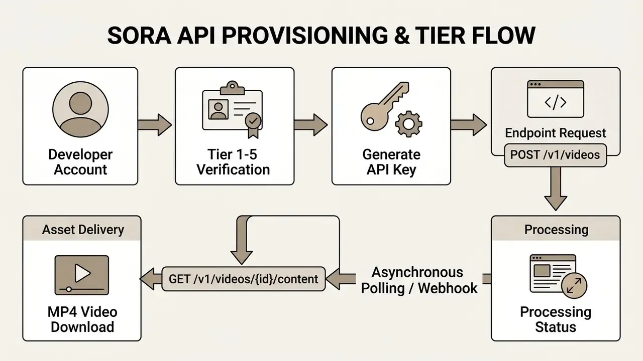 Step-by-step workflow chart showing developer account authentication through to final MP4 video delivery