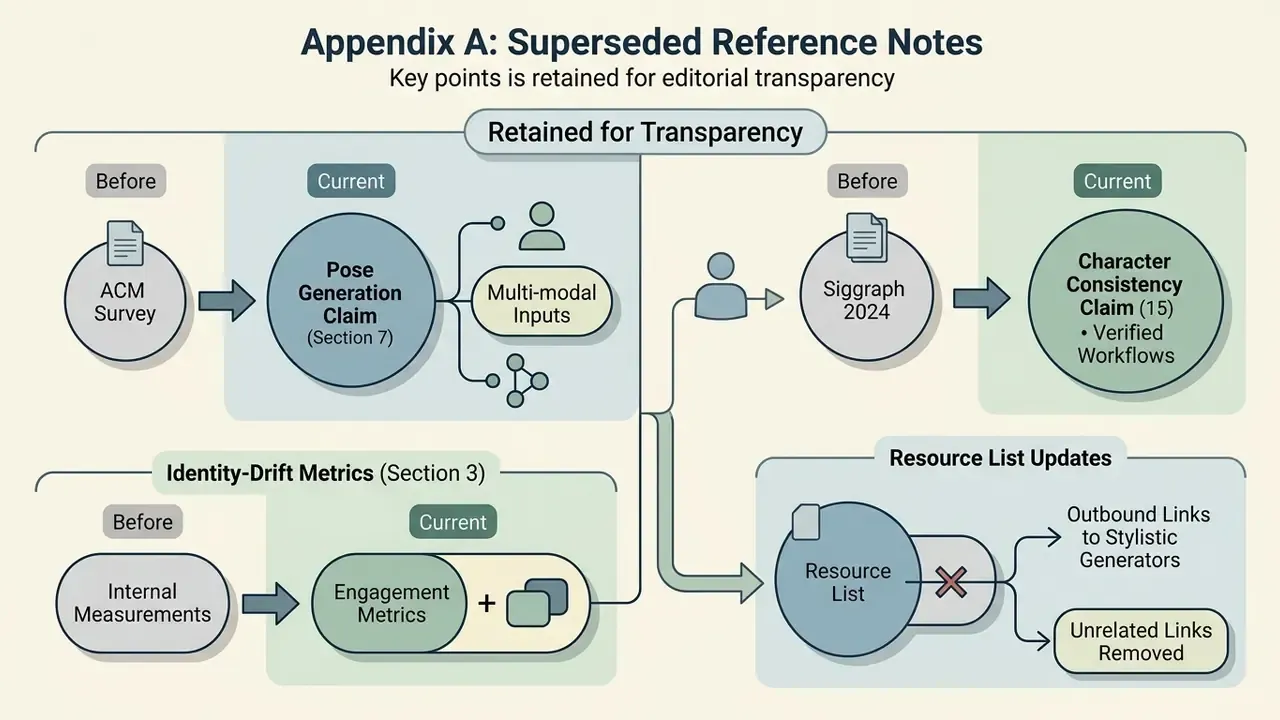 Diagram comparing previous and current reference sources for pose generation, character consistency, and metrics