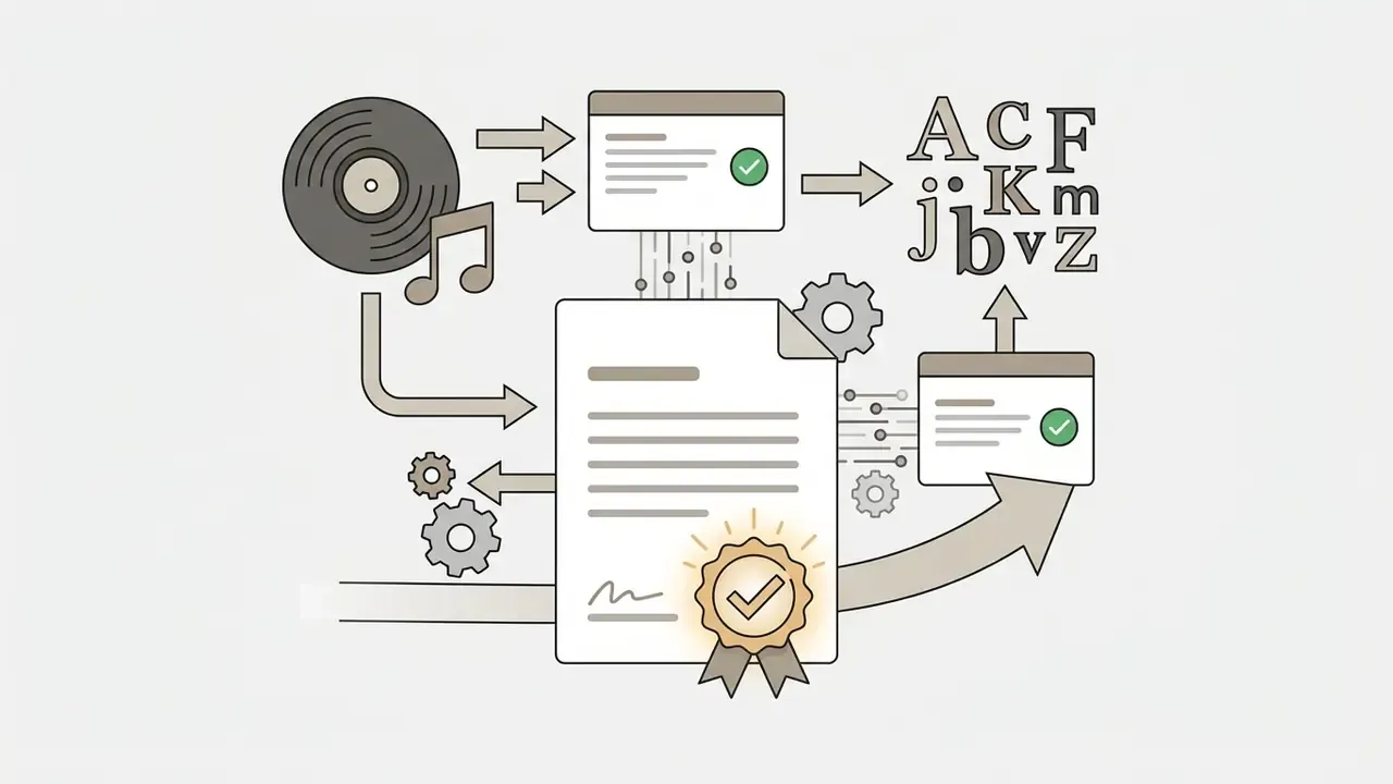 Music record and font icons flowing through digital processing windows to a certified legal document