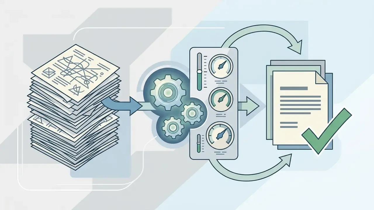 Complex methodological documents passing through a gear mechanism and control gauges to produce a clear summary