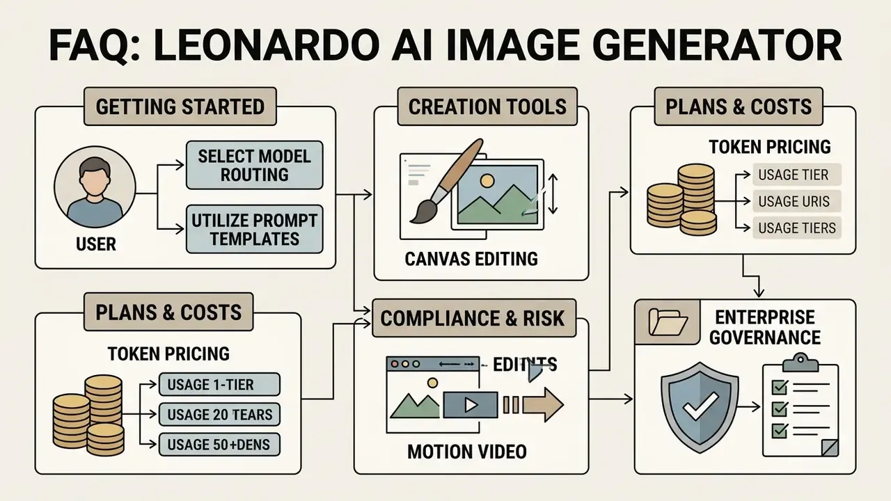 Flowchart outlining Leonardo AI user onboarding, creation tools, pricing tiers, and governance compliance