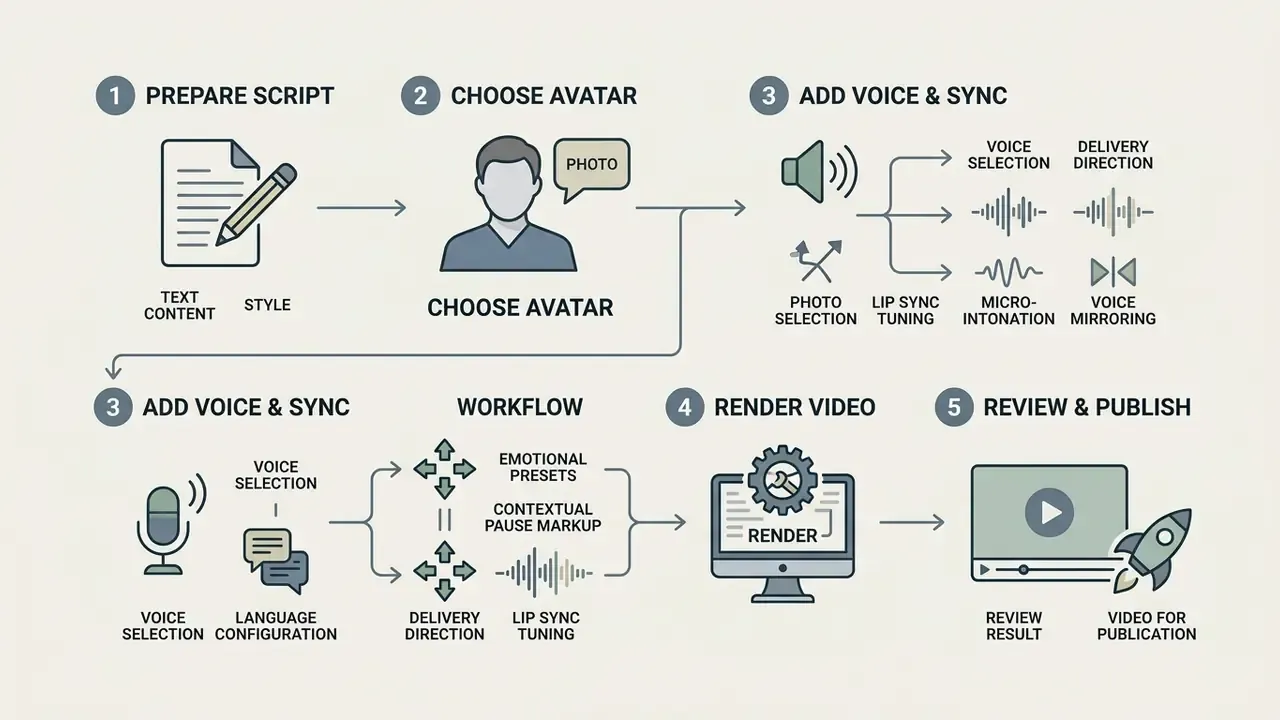 Five-step workflow for using a free AI avatar video generator from script preparation to final publication