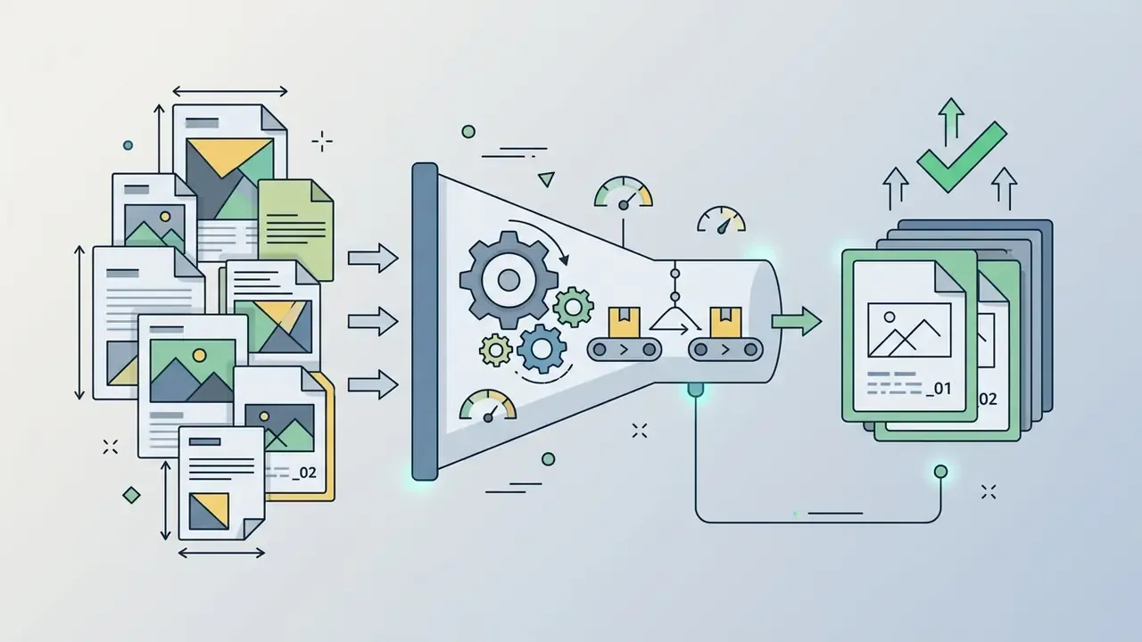 Multiple image documents entering a funnel with gears and conveyor belts to be resized and renamed