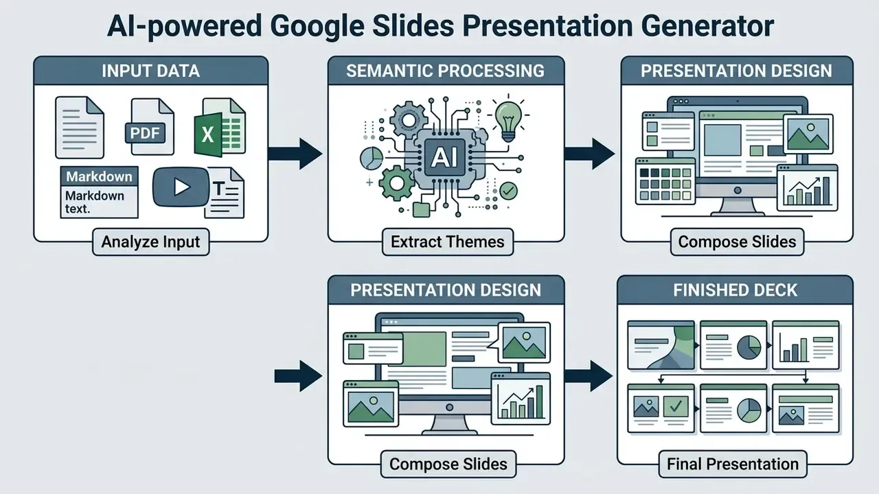Flowchart depicting the pipeline from raw data inputs through semantic AI processing to a final slide deck