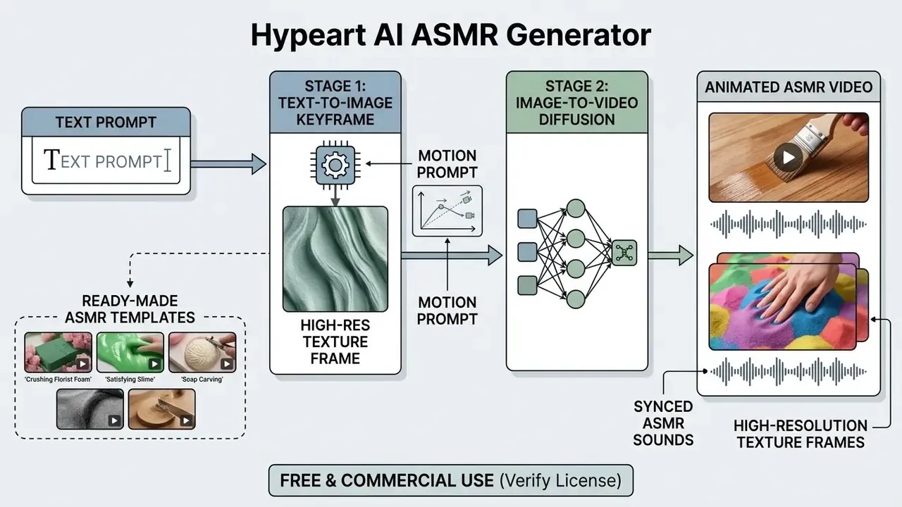 Workflow diagram showing text prompts transforming into high-resolution texture frames and animated videos