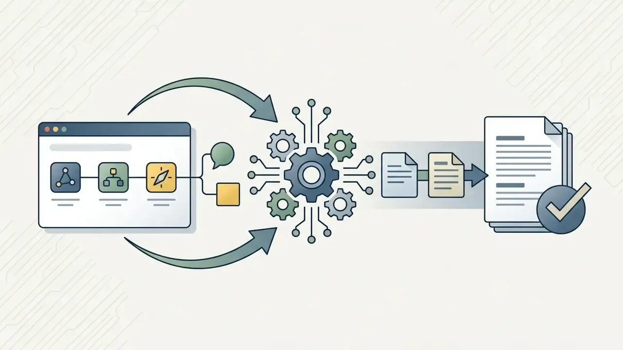 Browser interface sending input prompts to a central processing gear system that outputs finished documents