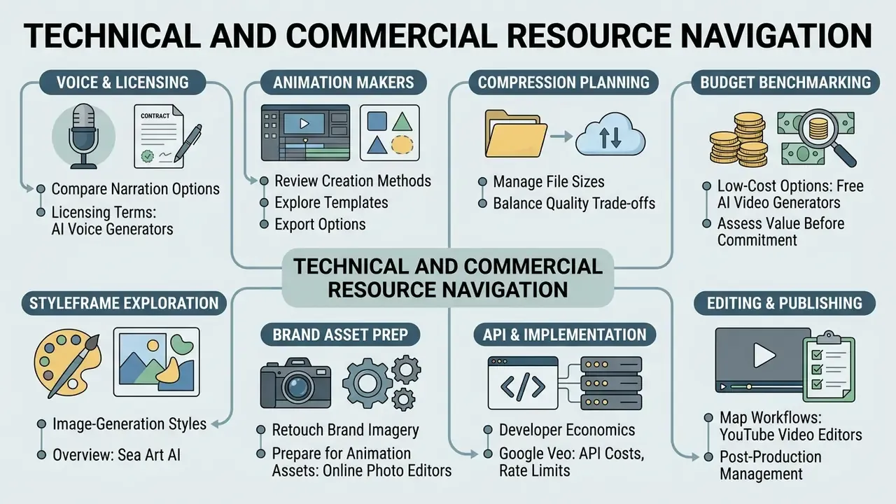 Central hub diagram connecting eight distinct categories for managing video creation and technical workflows