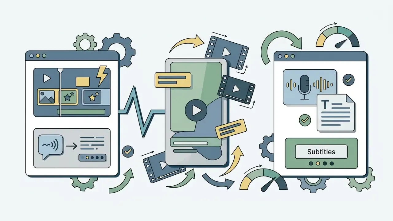Digital interfaces showing video editing tools for mobile content creation with captions and subtitles