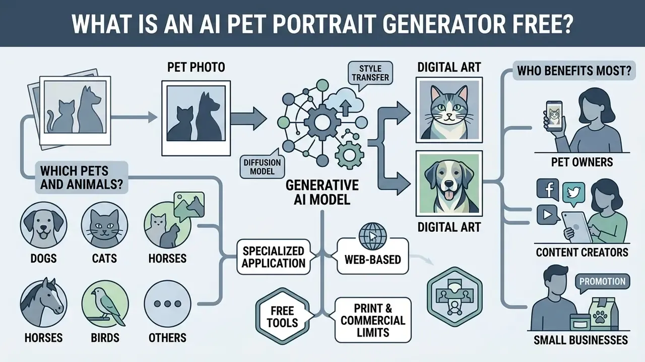 Infographic explaining how AI models process pet photos into digital art for various users