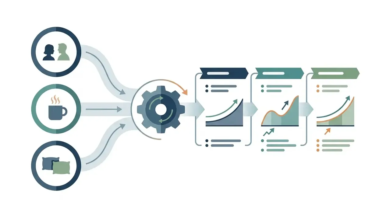 Trope icons feeding into a gear system that outputs a structured narrative beat sheet with escalation