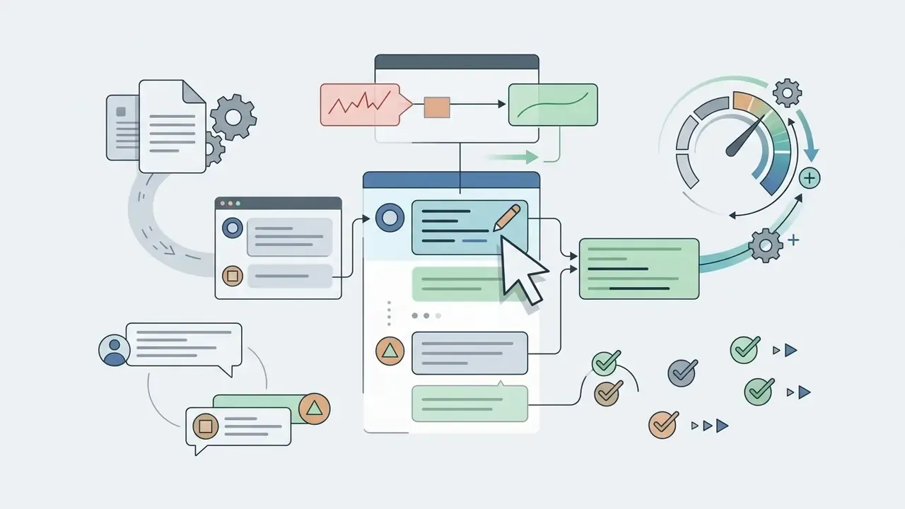 Flowchart showing a cursor editing a chat message to update data processing and performance metrics