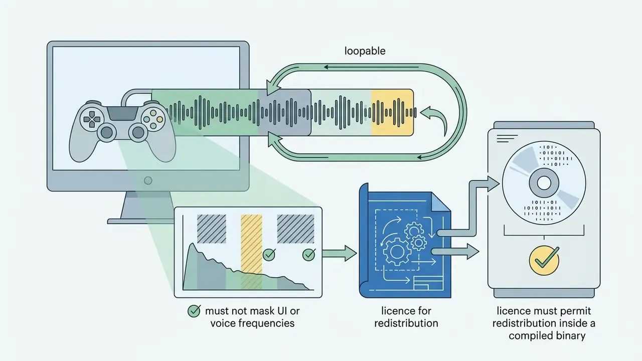 Visual representation of audio loop requirements for game development and binary distribution licensing