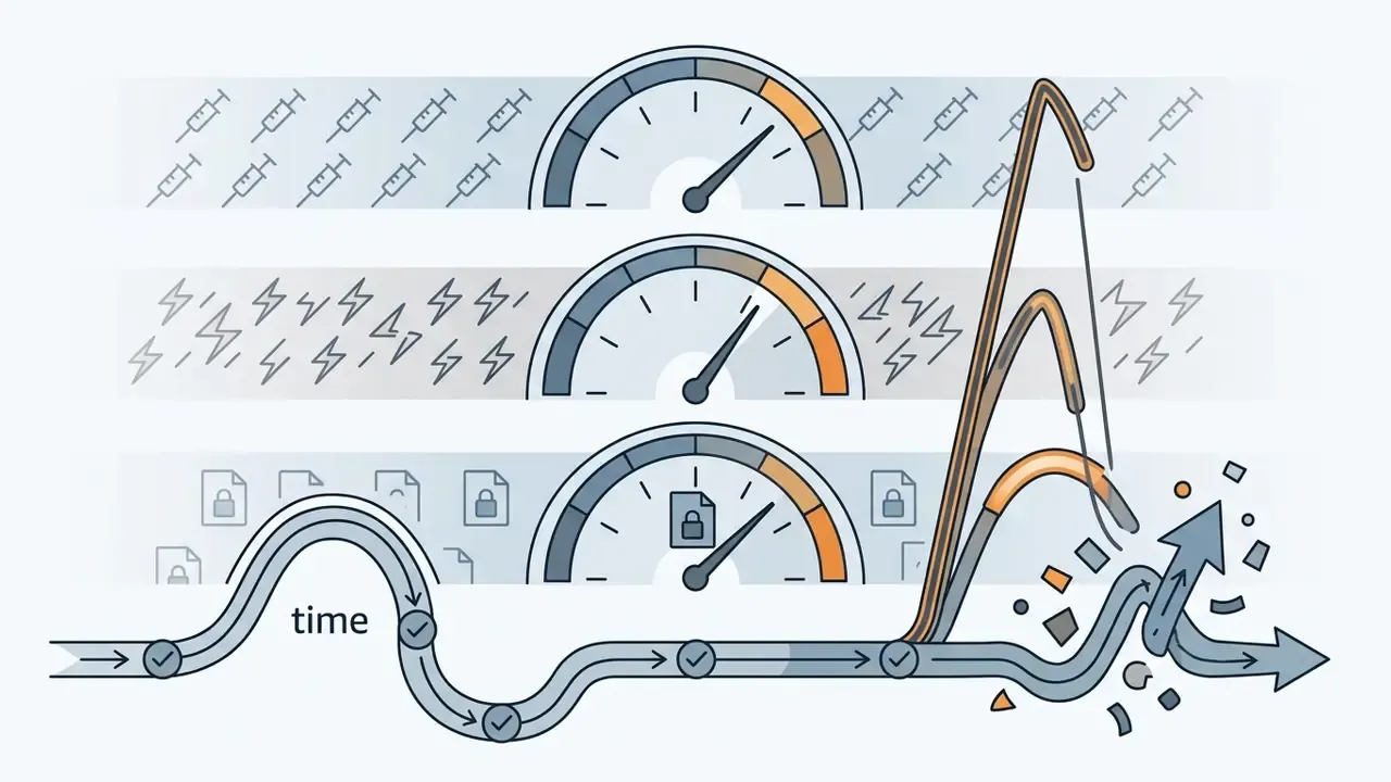 Gauges monitoring injection, toxicity, and PII block rates with a timeline showing a sudden spike
