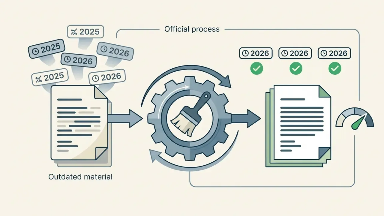 Document processing through a gear mechanism to update inconsistent date stamps to current 2026 standards