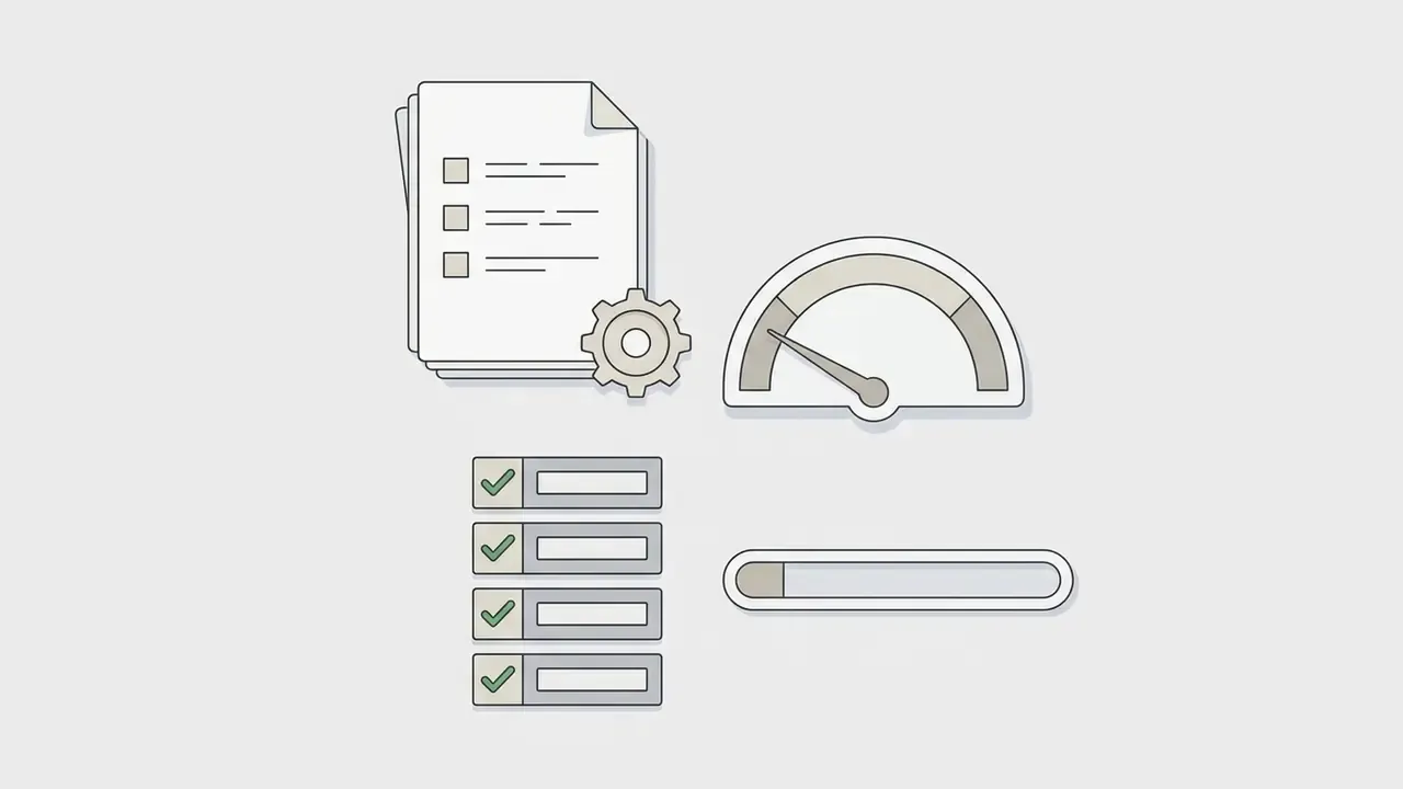 Stack of documents with a gear icon, a gauge, a list of checked items, and a progress bar