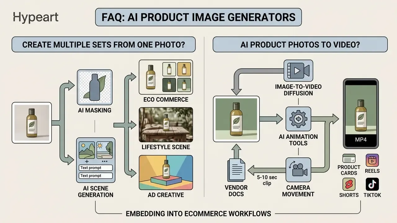 Diagram showing how to generate multiple image sets and videos from a single product photograph