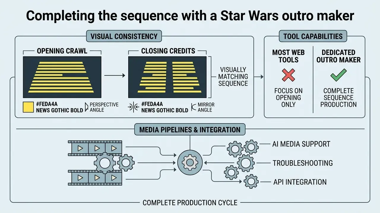 Infographic showing how to match closing credits to an opening crawl using specialized production tools