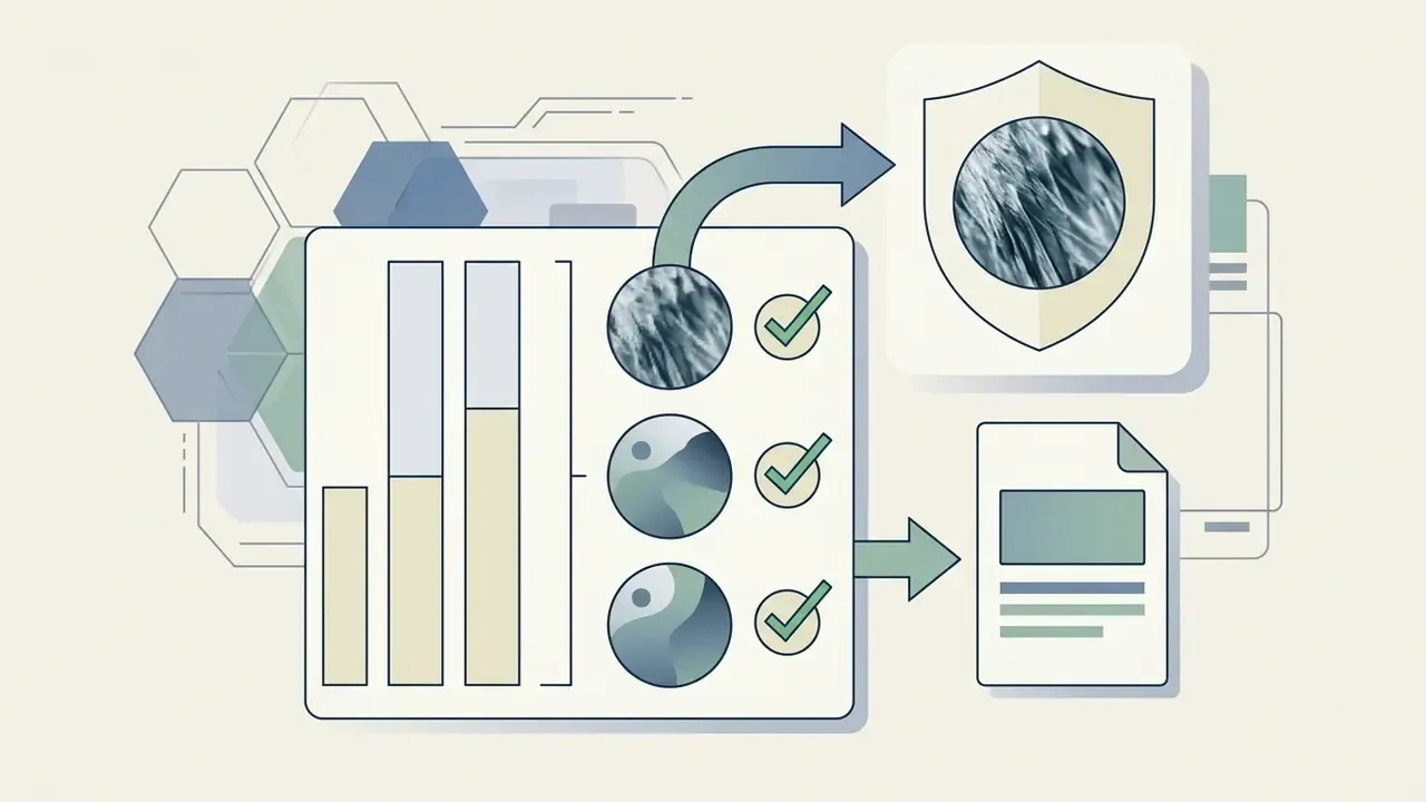 Bar chart with checked items moving into a protection shield and a document icon
