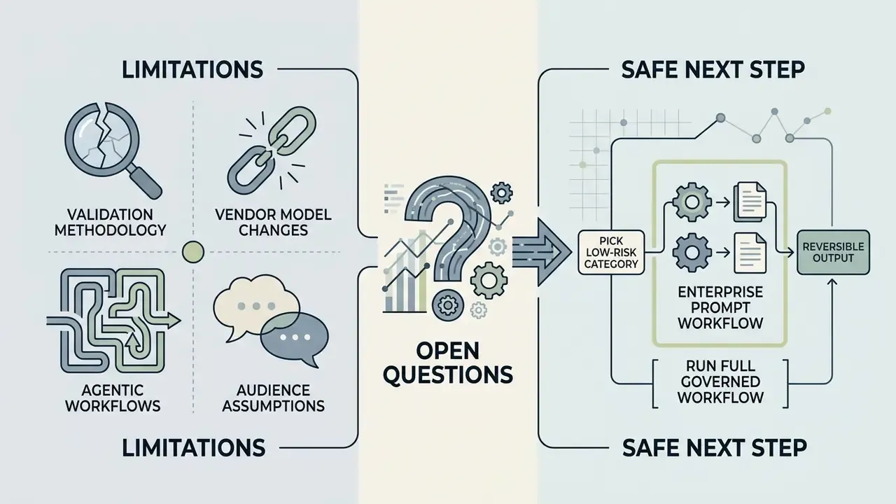 Visual summary of technical limitations, open questions, and a guided process for testing new workflows