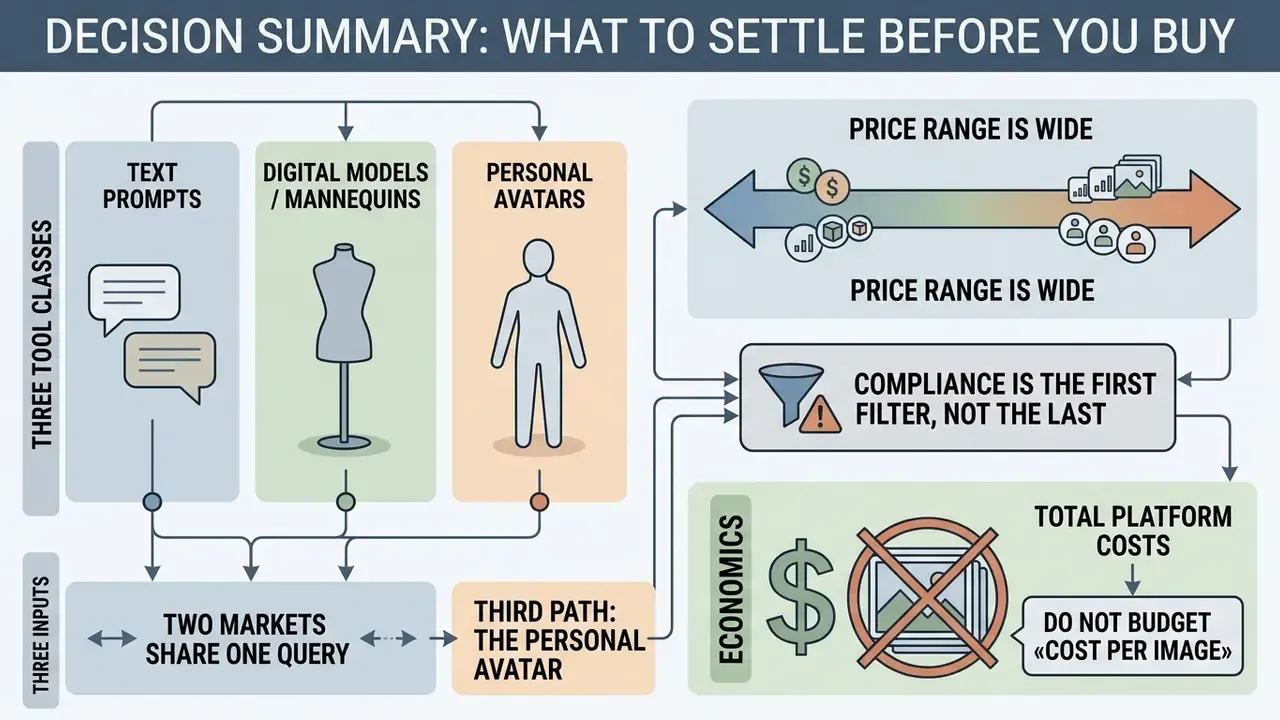 Infographic showing three AI outfit generator tool classes, input paths, pricing, and economic factors
