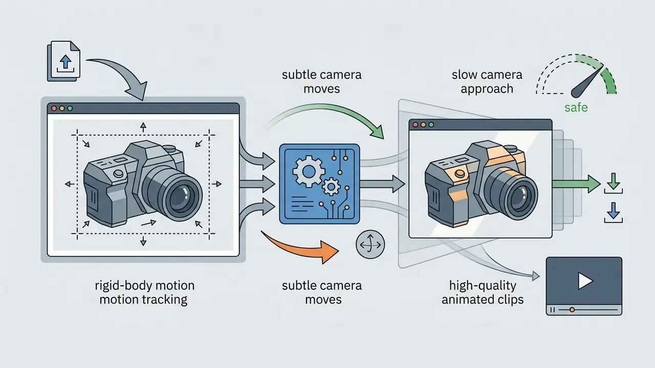 Process showing rigid-body motion tracking applied to a product photo to render animated video clips