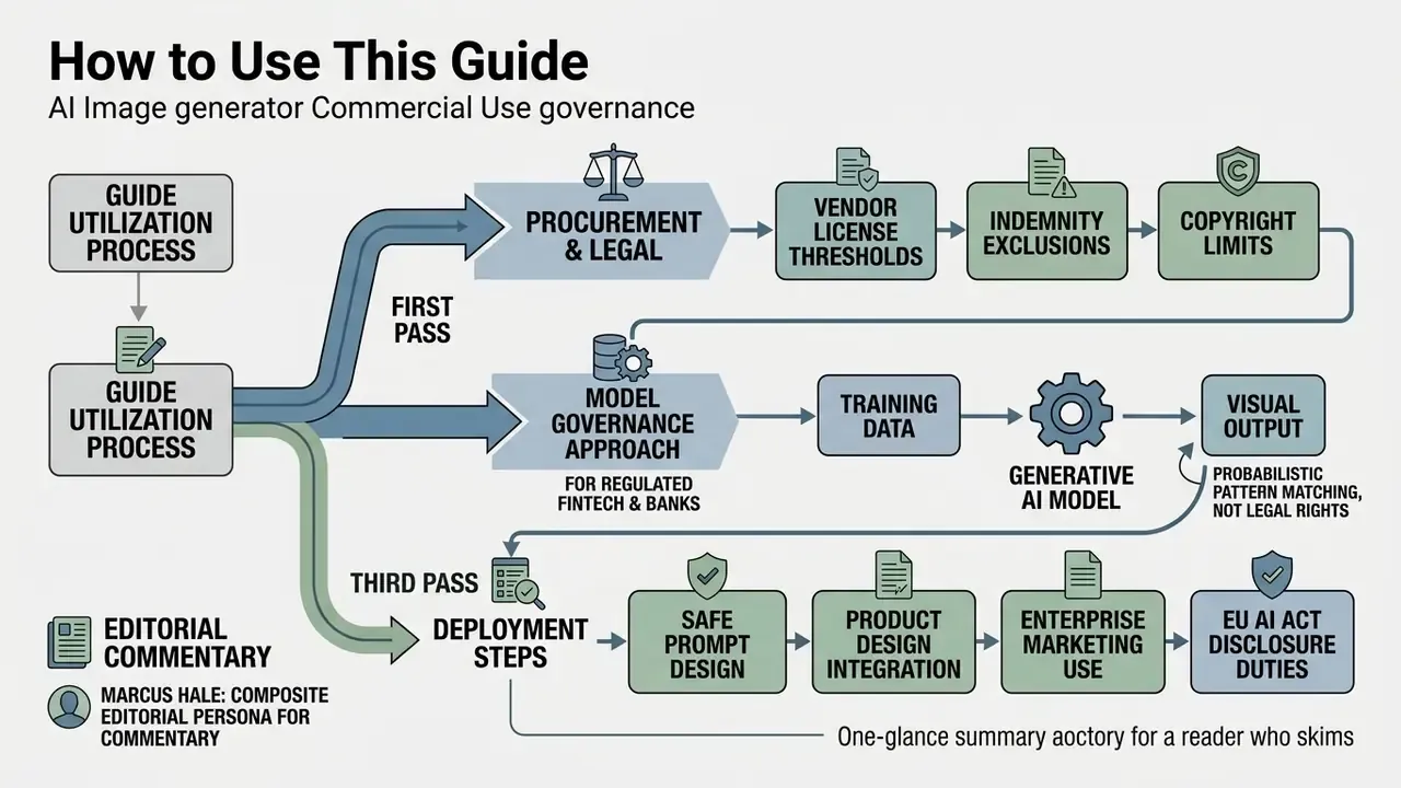 Flowchart outlining the procurement, model governance, and deployment steps for AI Image generator commercial use