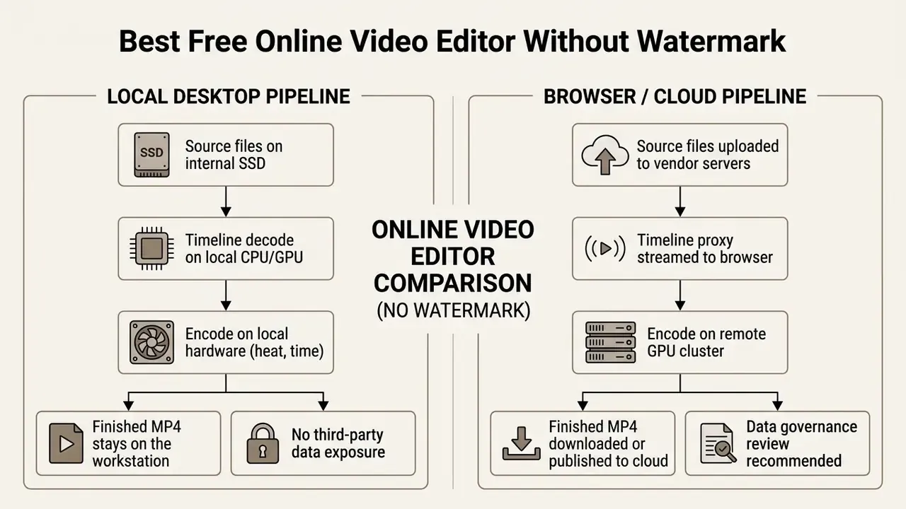 Diagram contrasting local desktop video processing workflows with cloud-based browser pipelines