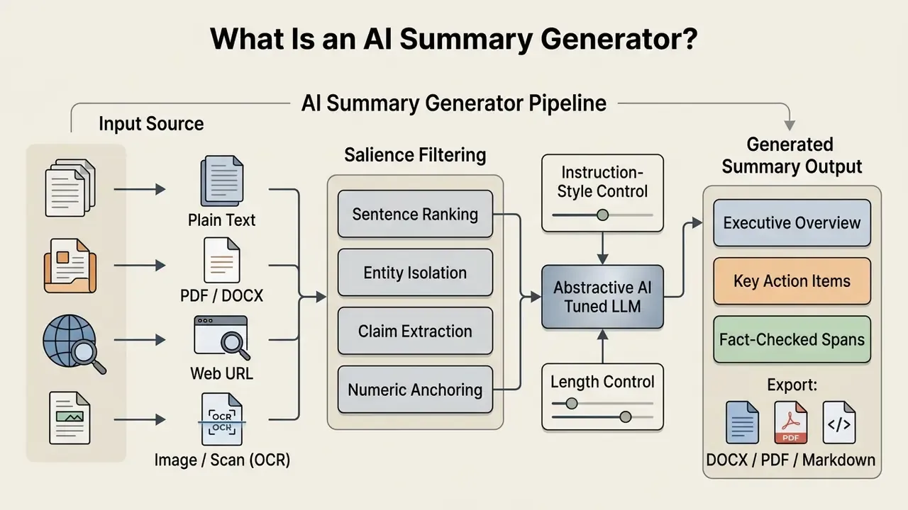 Flowchart showing an AI summary generator pipeline from input sources through salience filtering to output