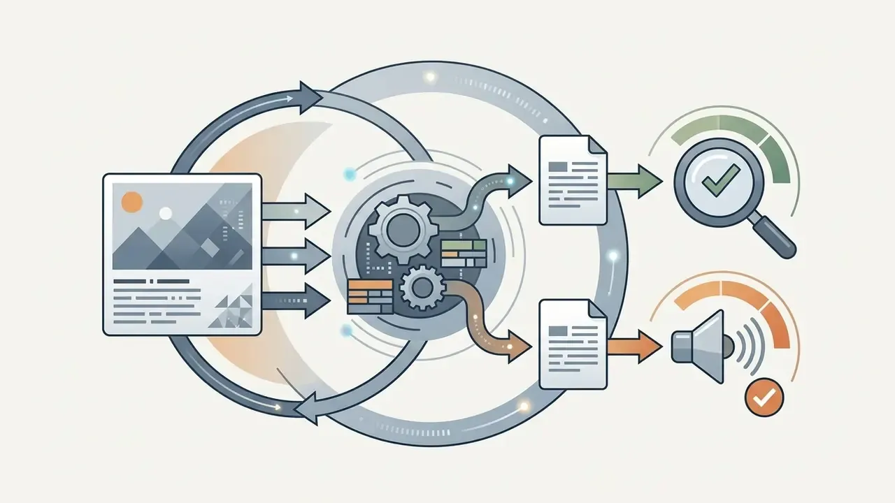 Visual input processed through a central gear hub into text documents for search and audio output