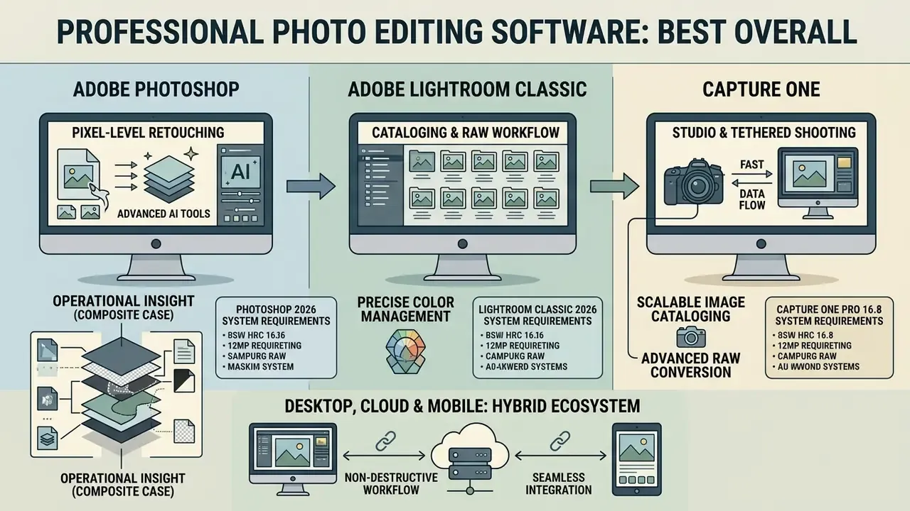 Infographic showing workflows for Adobe Photoshop, Lightroom Classic, and Capture One software