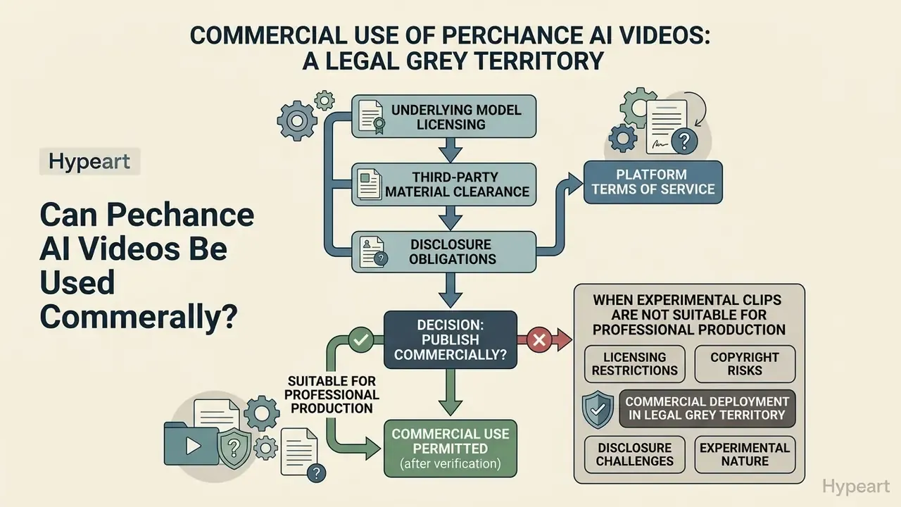 Flowchart outlining the legal considerations and decision process for commercial Perchance AI video use