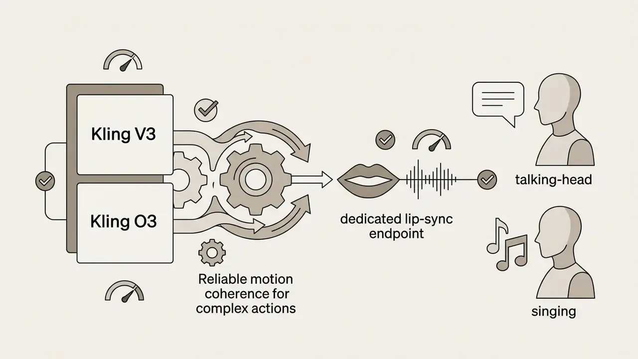Kling models feeding a central gear system that powers a dedicated lip-sync endpoint for video workflows